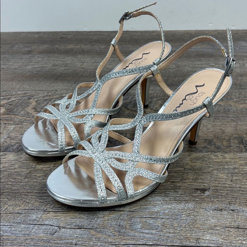 ✨ Touch of Nina Silver Glitter Strappy Heels | Size 8